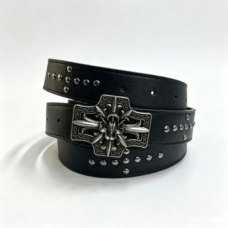 Chrome Hearts Knight Sword Cross Studded Leather Belt Punk Waist Belt