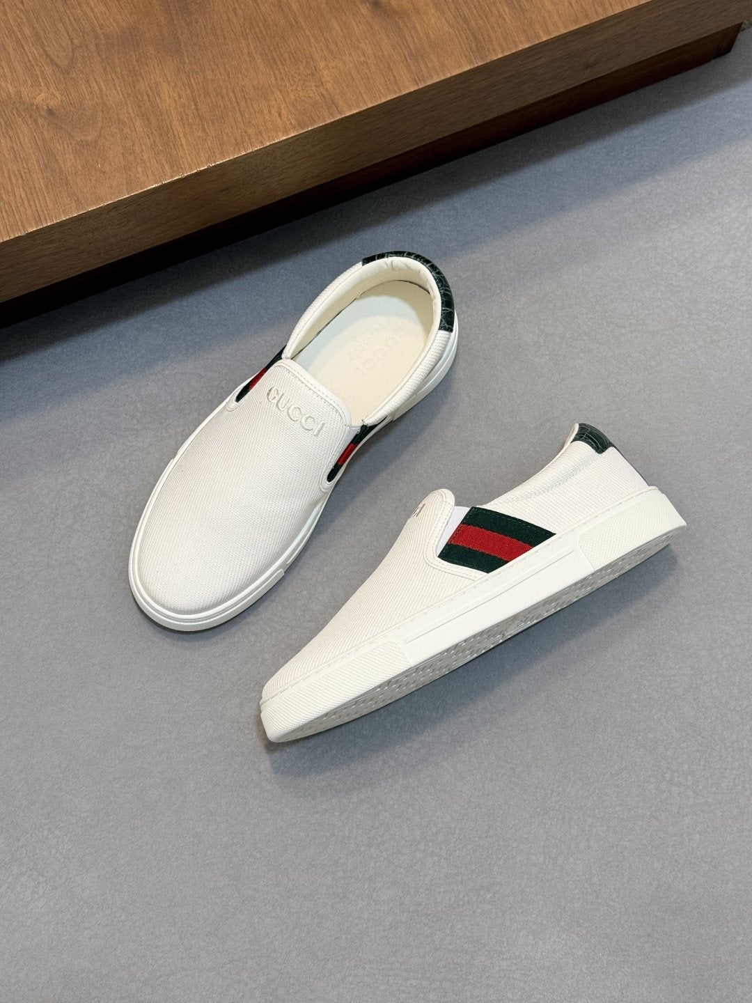 Gucci White Stripe Slip-On Sneakers