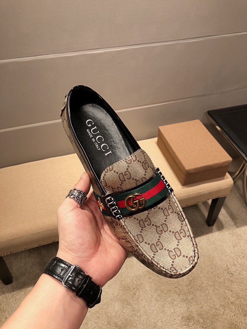 Gucci Men's Beige Web Loafers