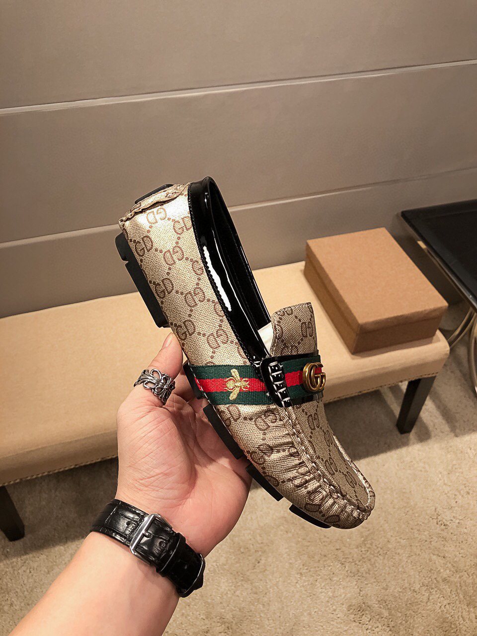 Gucci Men's Beige Web Loafers