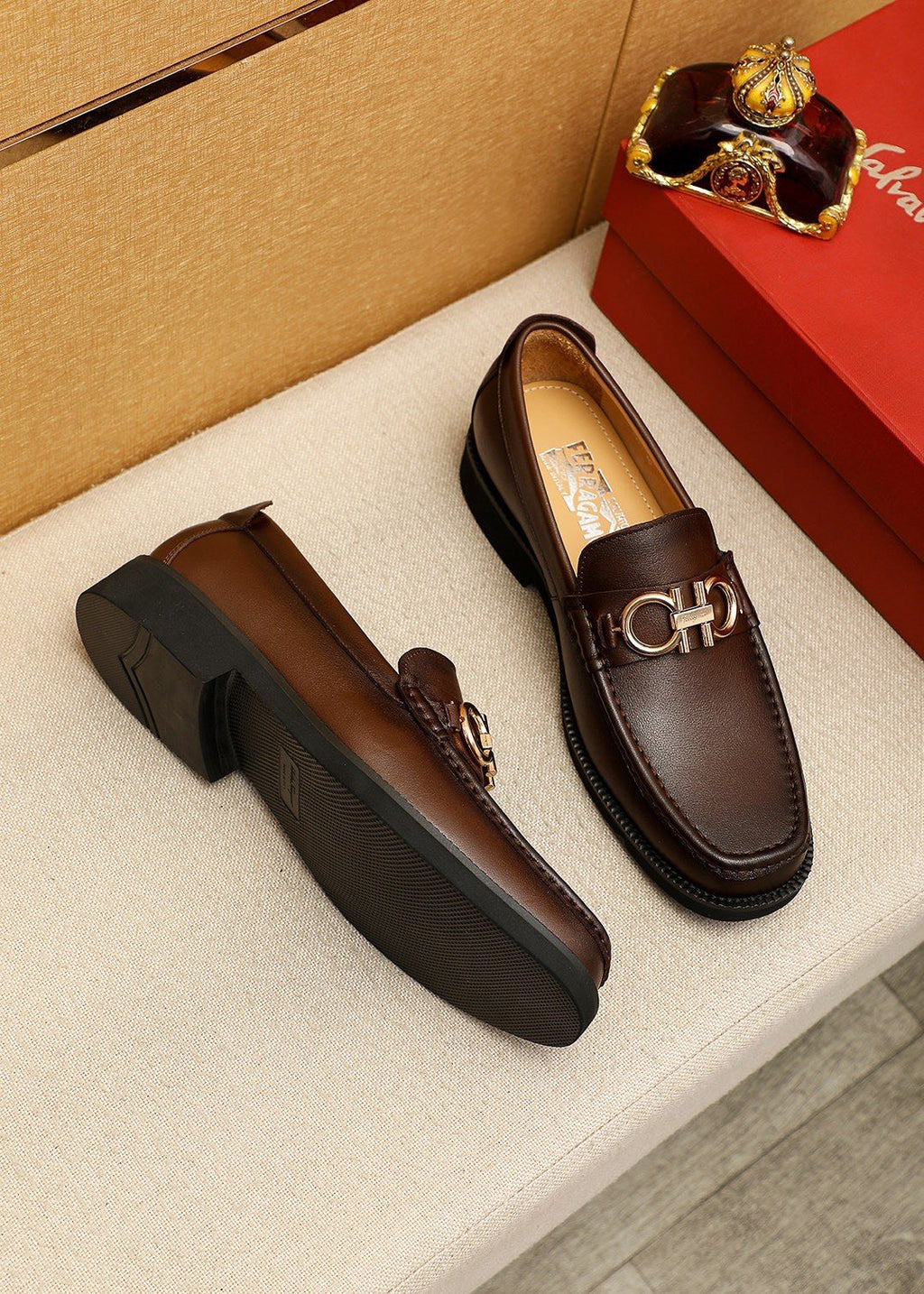 Ferragamo Dark Brown Metal-Bit Loafers