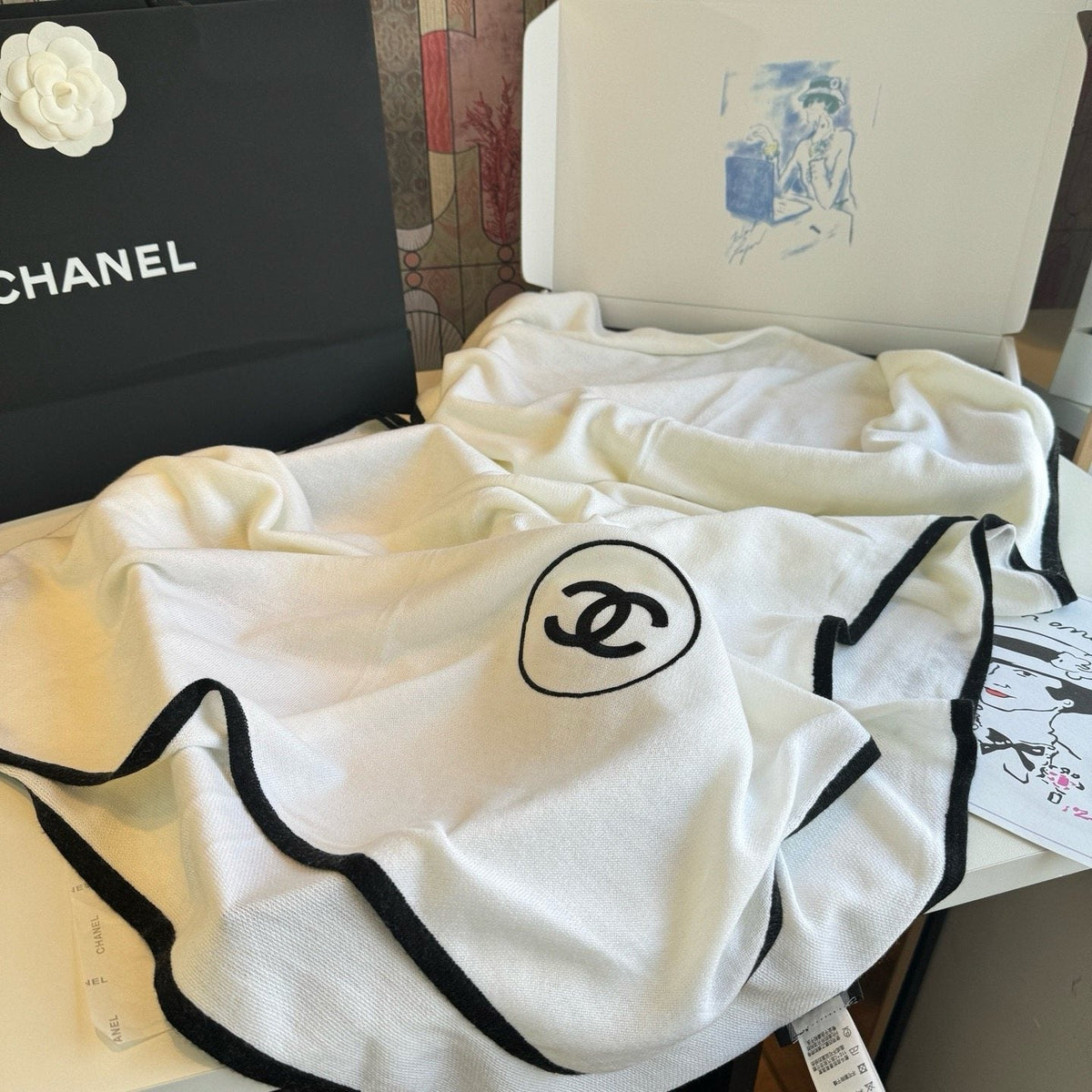 Chanel Contrast-Trim Logo Scarf